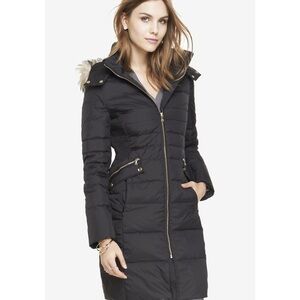 XS Express Black Down-Filled Puffer Parka Jacket Faux Fur Hood Winter Women’s